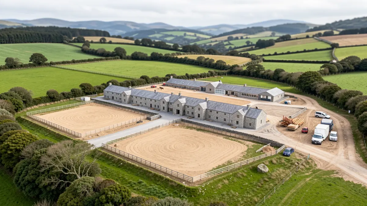 Vista aérea de un centro ecuestre en construcción en Abegondo, Galicia, con edificios de piedra y pastos.