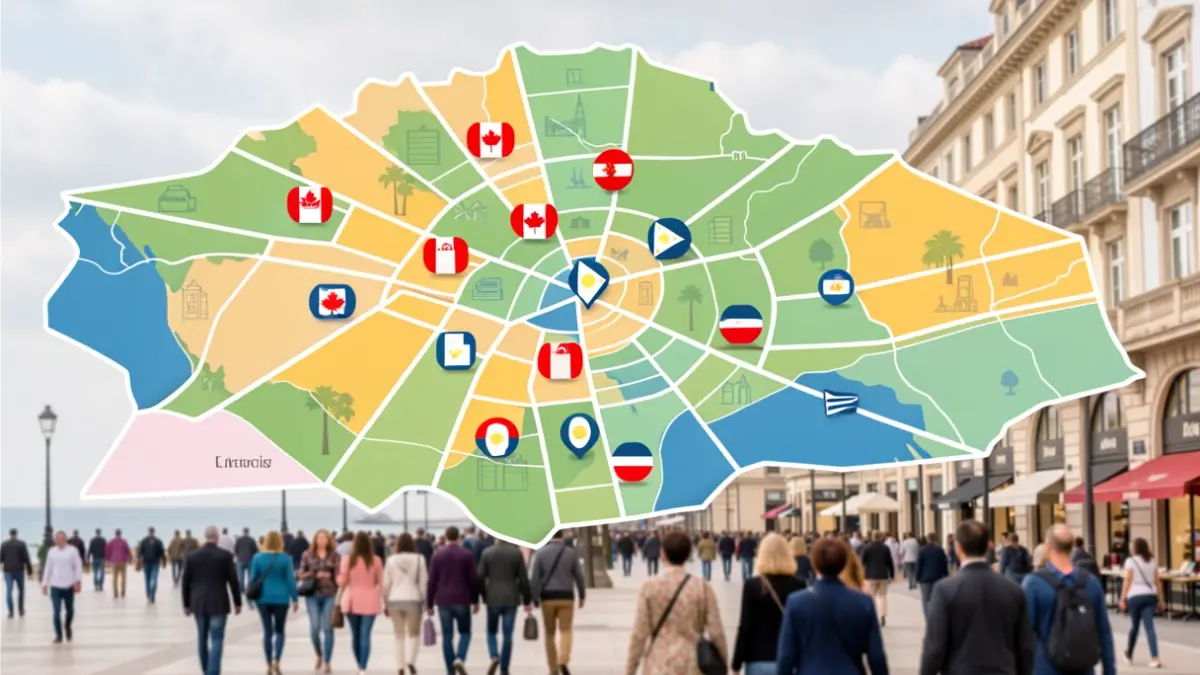 Mapa estilizado de la Comunidad de Madrid destacando distritos comerciales con iconos de banderas de Canadá, Filipinas y Panamá.