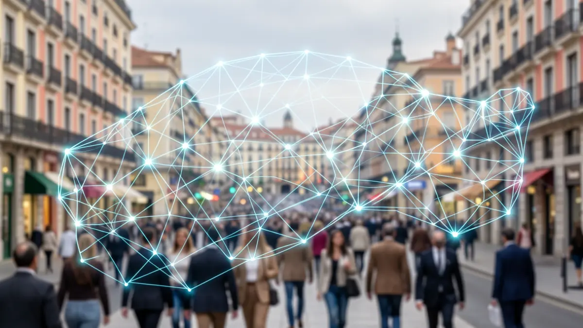 Representación abstracta de la inteligencia artificial integrándose en el tejido empresarial de Madrid, con patrones de redes neuronales y un paisaje urbano difuminado.