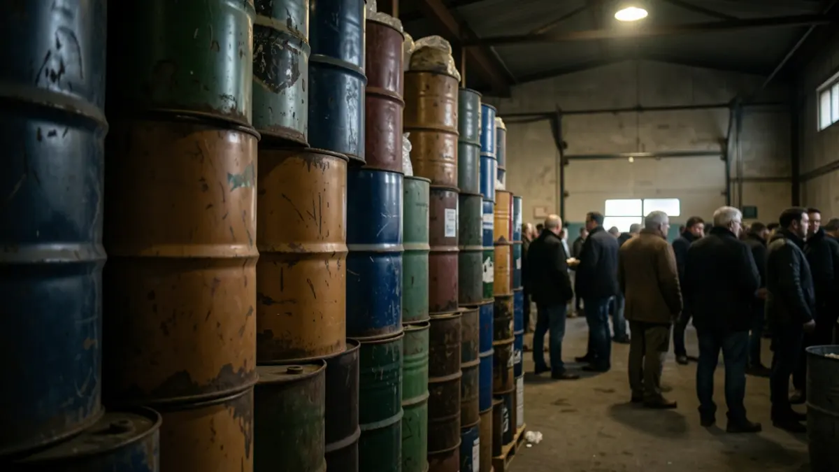 Generic image of industrial oil barrels stacked in a warehouse.