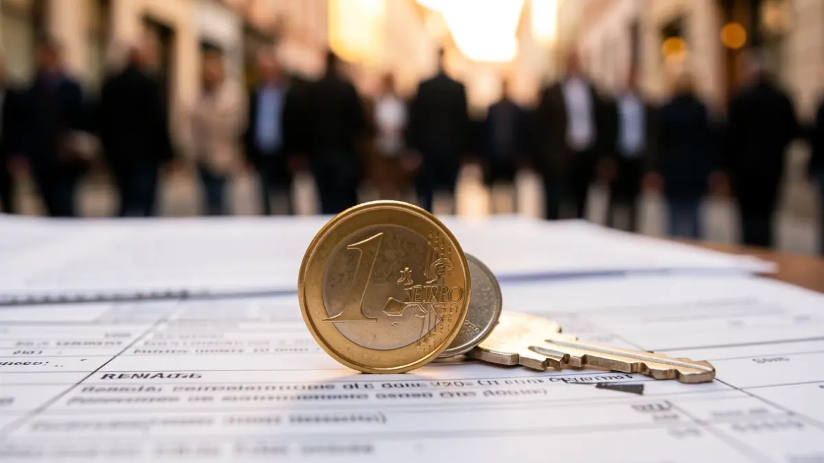 Primer plano de una moneda de euro española y una llave de casa sobre un fondo borroso de documentos de contrato de alquiler.