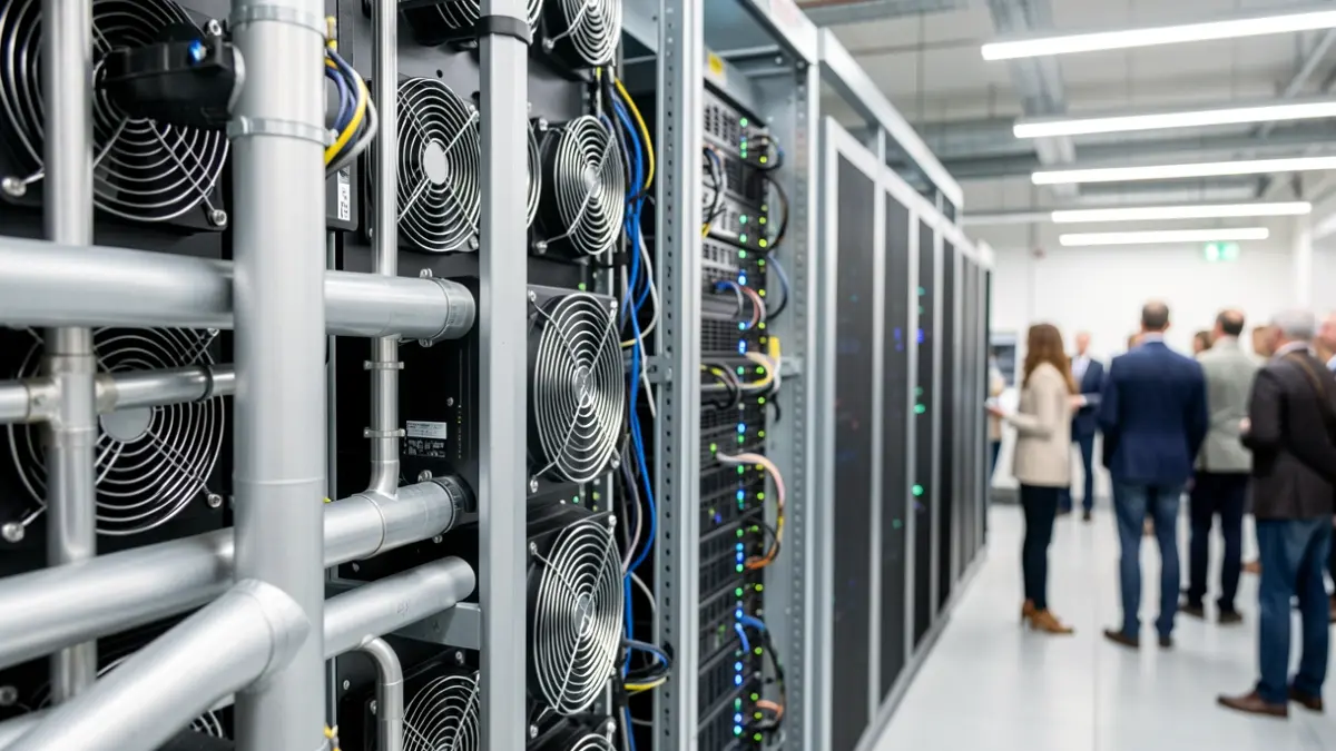 Primer plano de un sistema de refrigeración de centro de datos moderno y eficiente.