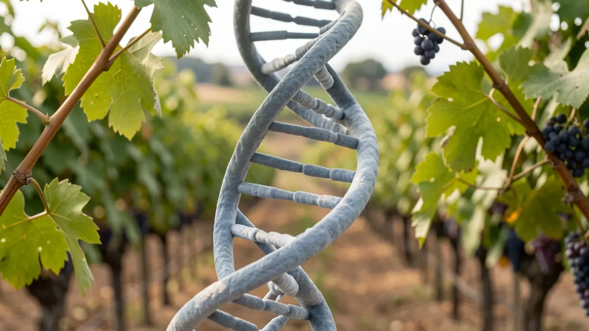 DNA structure intertwined with grapevines in a vineyard in the Comunidad de Madrid.