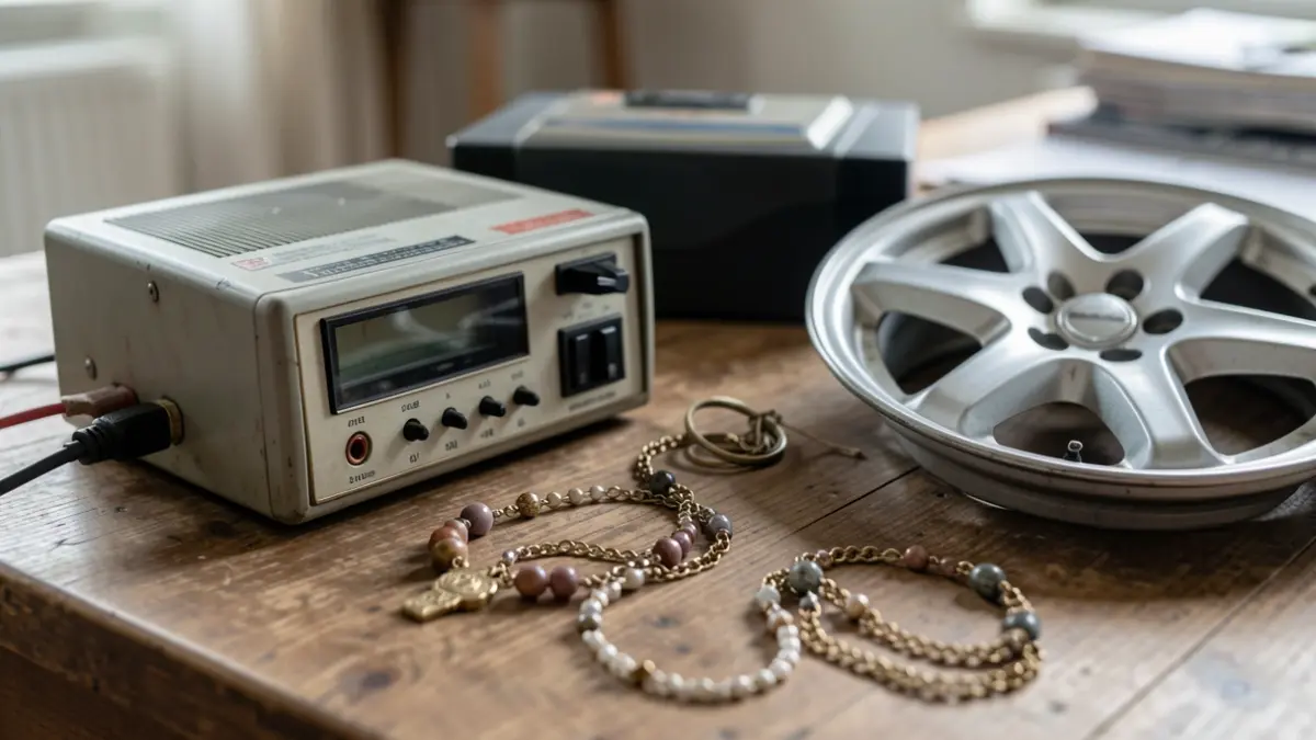 Assorted municipal items laid out for auction, including electronics, jewelry, and vehicle parts.
