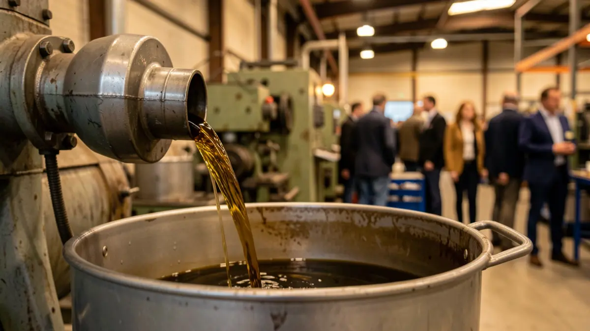 Primer plano de aceite industrial usado vertiéndose en un bidón de recogida en un taller de la Comunidad de Madrid.