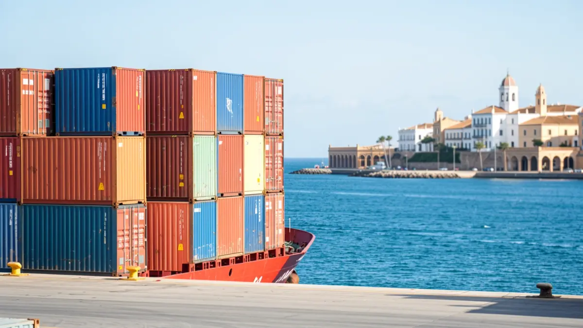 Contenedores de carga en el puerto de Cádiz con el mar Mediterráneo de fondo.