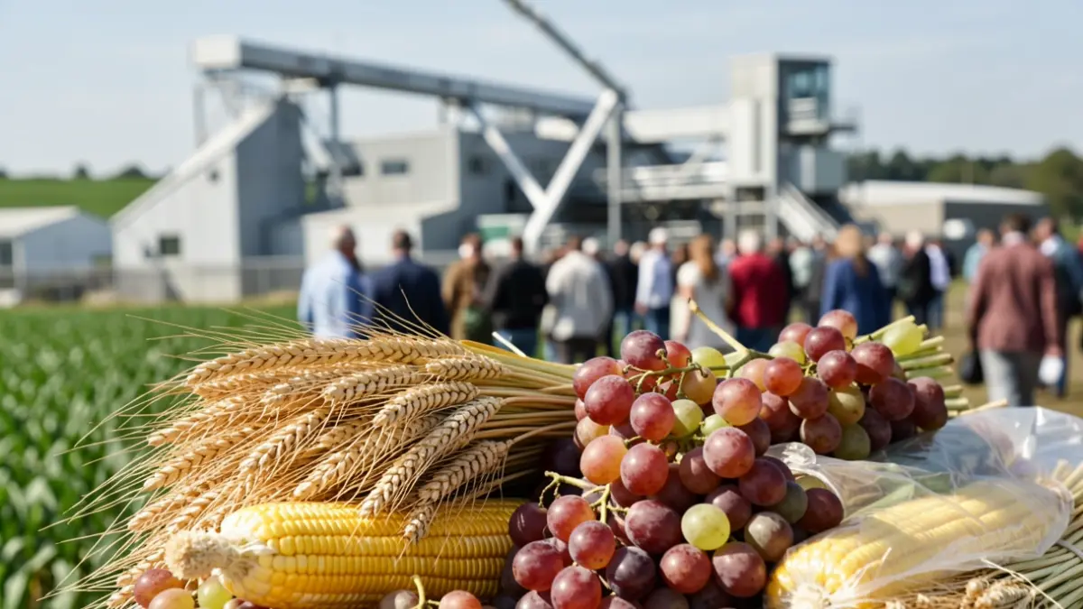 Imaxe xenérica de produtos agrarios e unha planta de procesamento.