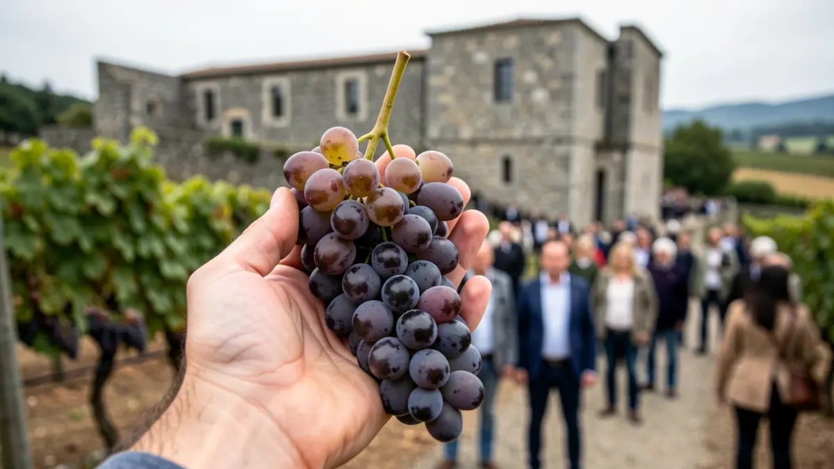 Imagen genérica de uvas con un sello de calidad y viñedo gallego al fondo.