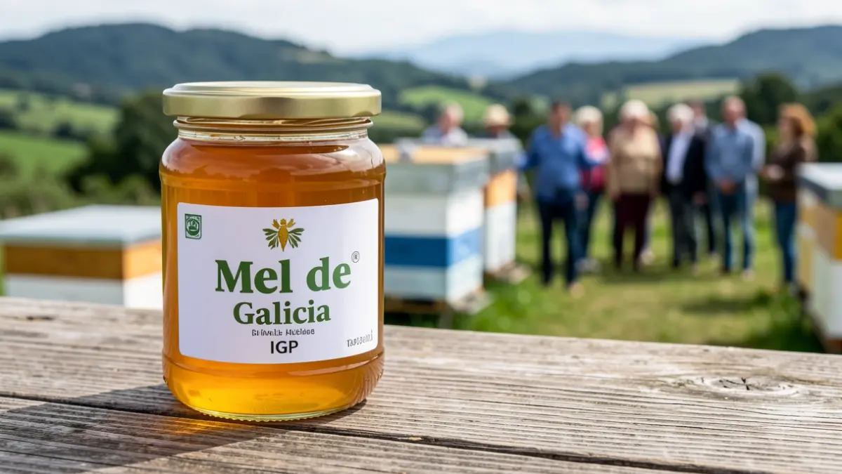 Tarro de miel dorada con el sello IXP Mel de Galicia sobre madera rústica, con colmenas y paisaje gallego al fondo.