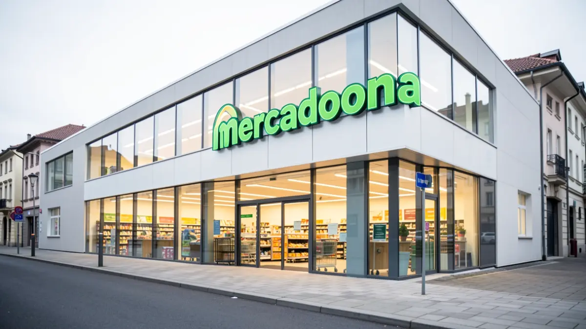 Fachada de un supermercado Mercadona de nuevo diseño en Madrid.