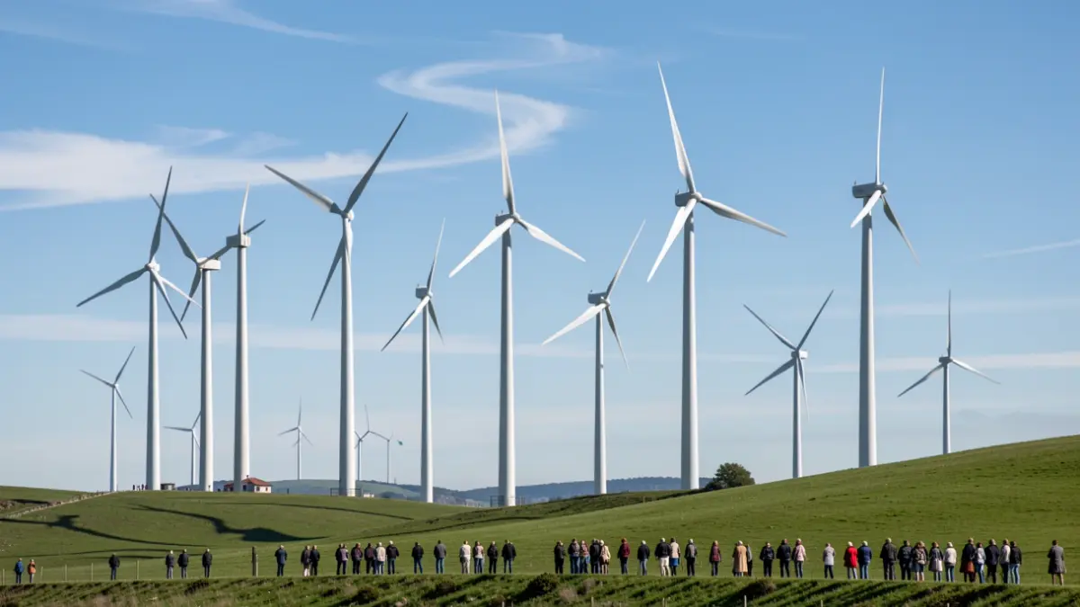 Imagen genérica de siete modernos aerogeneradores en una ladera verde gallega, con antiguos aerogeneradores al fondo.
