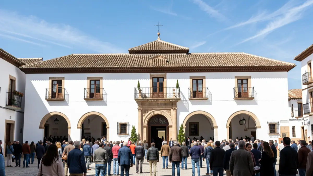 Facade of an Andalusian town hall with arches and sunlight.
