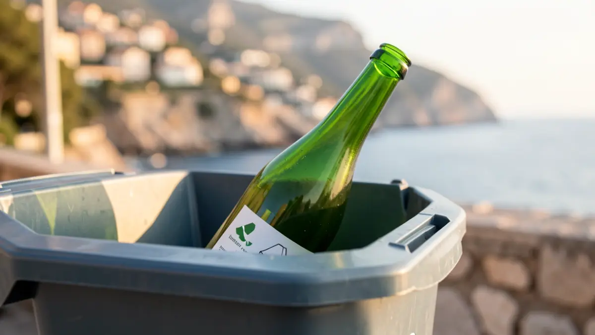 Imagen genérica de reciclaje de vidrio con costa mediterránea al fondo.