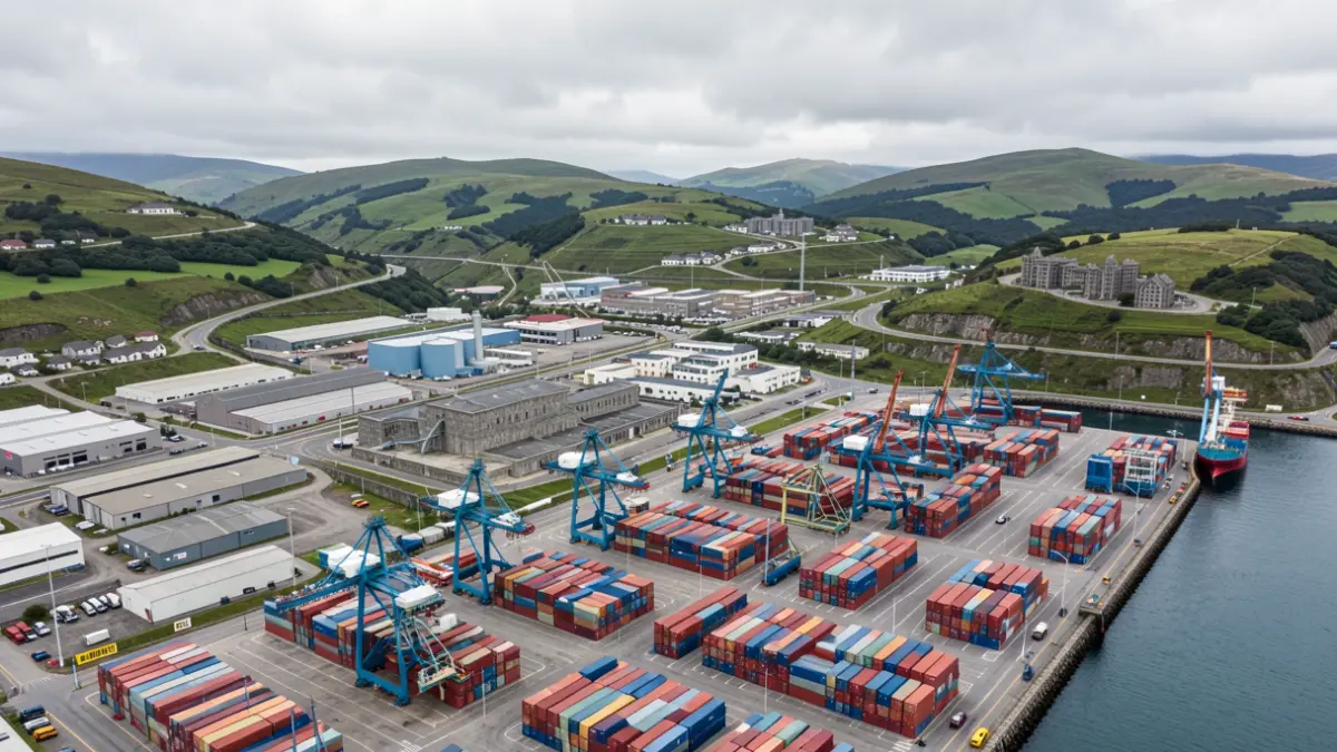 Vista aérea dun porto industrial con grúas e naves industriais en Ferrolterra.