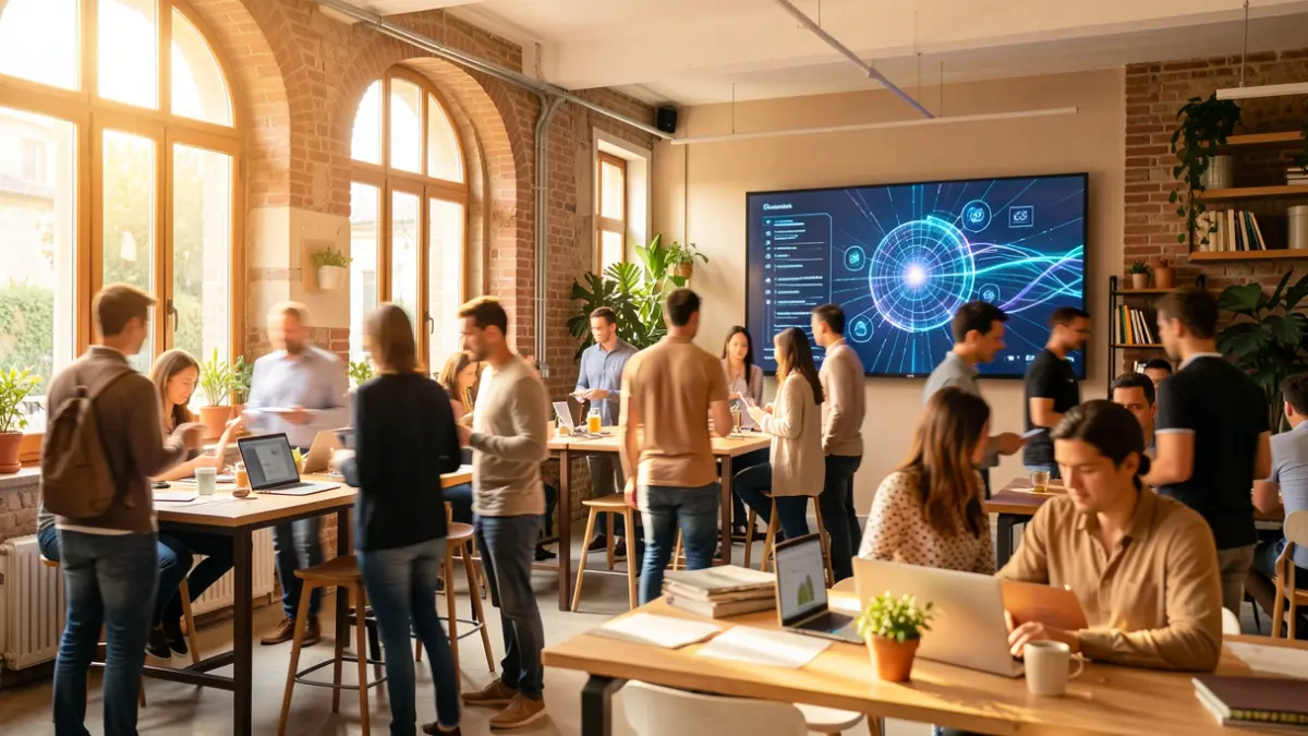 Generic image of a coworking space with technology and people working.