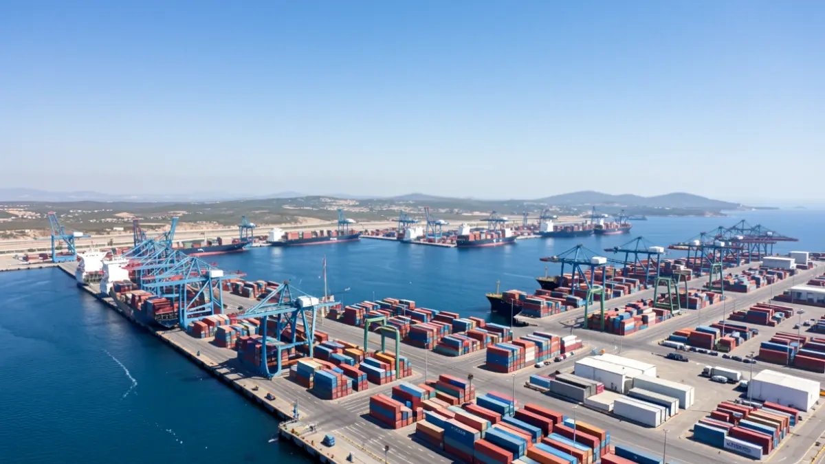 Vista aérea de un puerto mediterráneo con barcos y grúas.