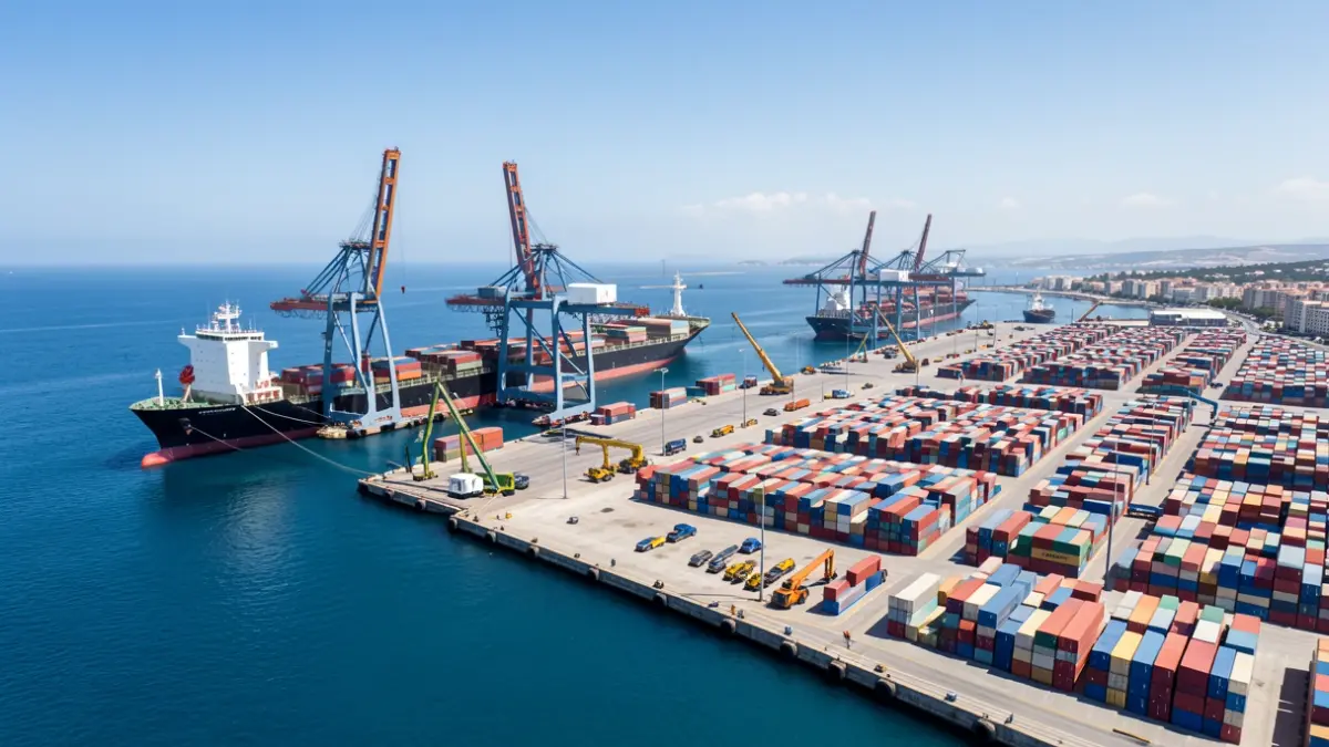 Generic image of a commercial port with ships and cranes.