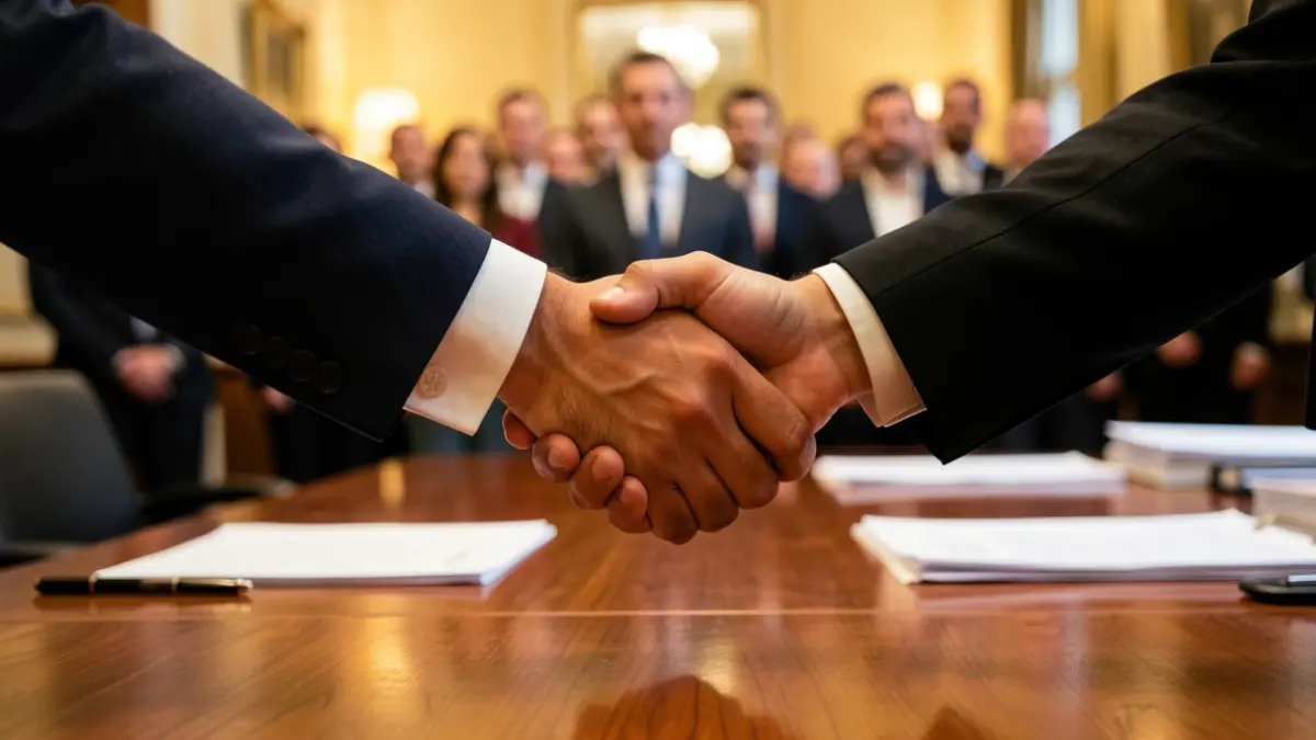 Generic image of two hands shaking over a table with papers.