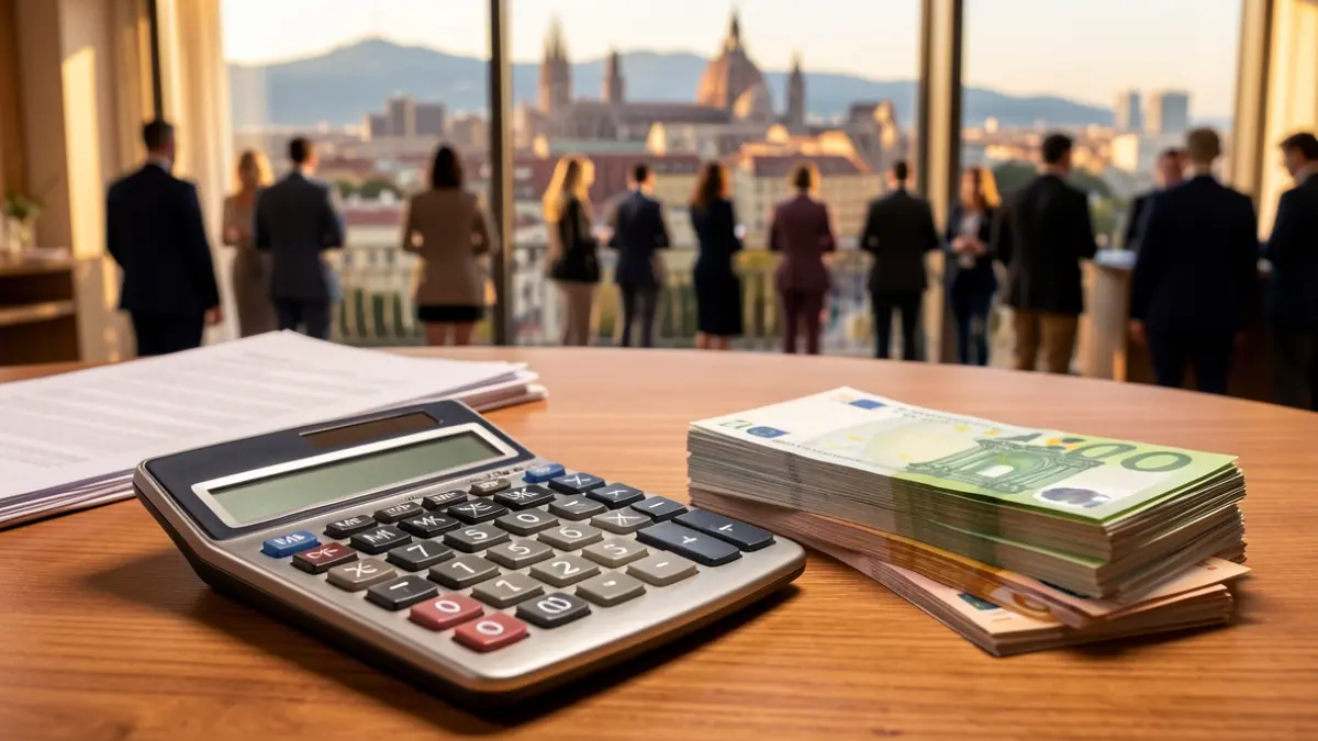Generic image of fiscal calculations with money and a Barcelona background.