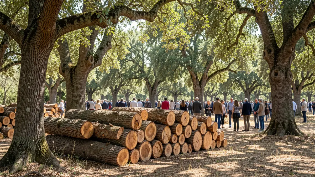 Árboles de alcornoque con corcho extraído en un bosque mediterráneo.