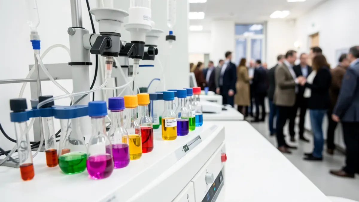 Imagen genérica de material de laboratorio médico y tubos de ensayo con líquidos coloridos.