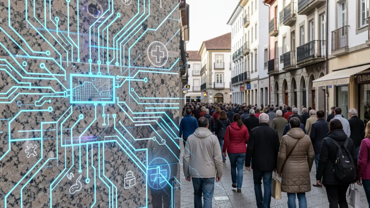 Imaxe xenérica de tecnoloxía e saúde en Galicia, con patróns de circuítos e texturas de granito.