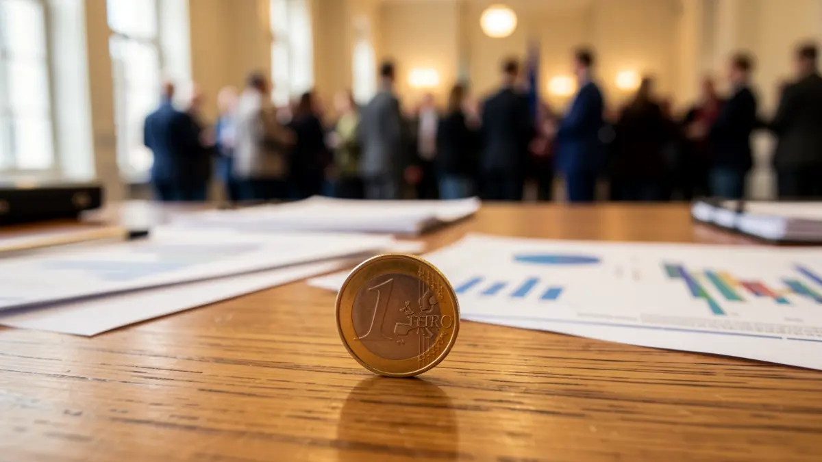 Imagen genérica de una moneda de euro sobre un escritorio con documentos financieros borrosos.