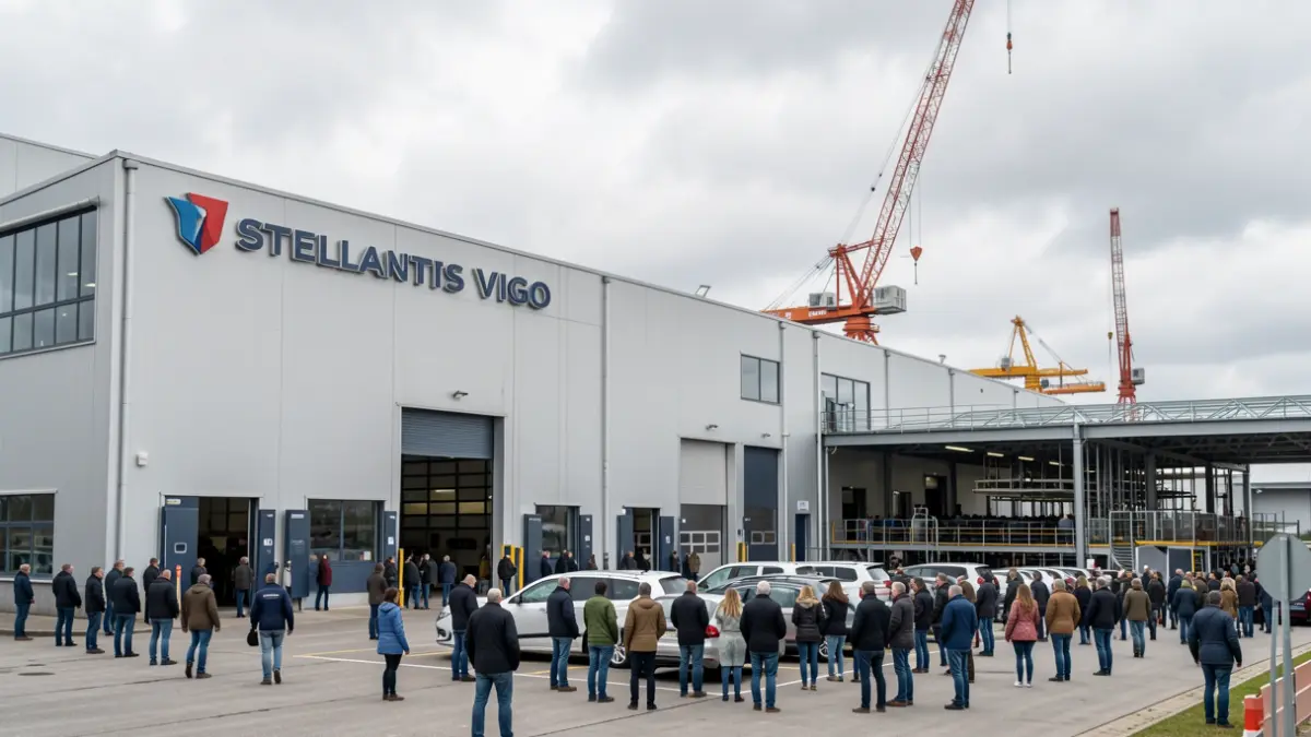 Imagen genérica de la fábrica de Stellantis Vigo, con naves industriales y el cielo nublado.