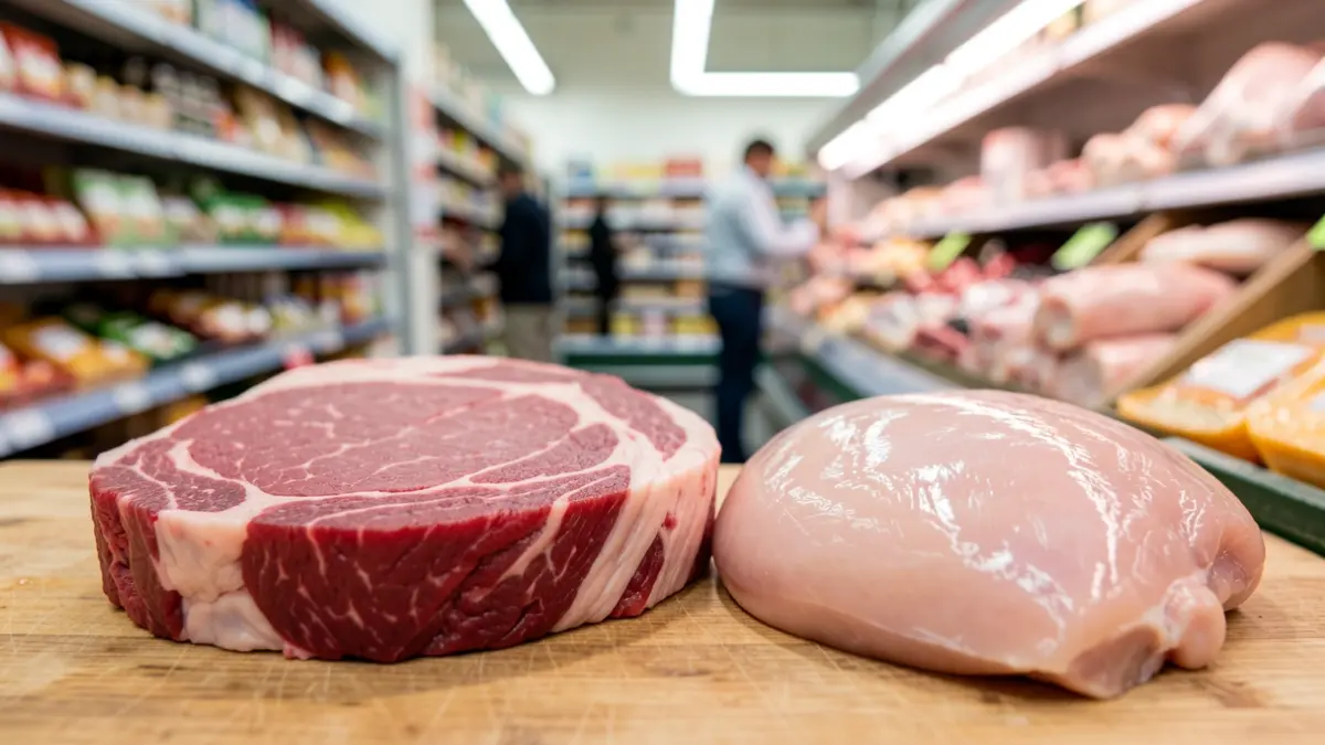 Primer plano de un filete de ternera cruda y una pechuga de pollo cruda sobre un mostrador de carnicería, con el pasillo de un supermercado desenfocado al fondo.