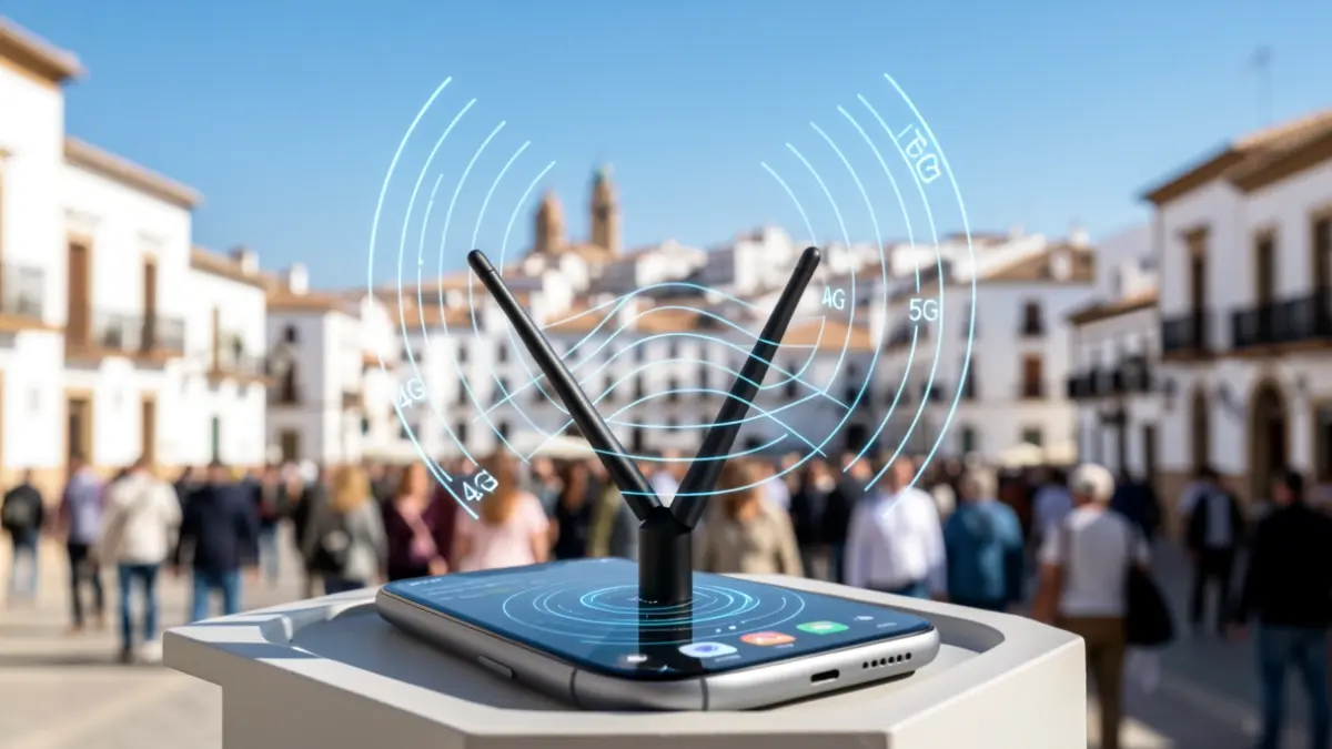 Mobile phone antenna transmitting 4G and 5G signals over an Andalusian urban landscape.