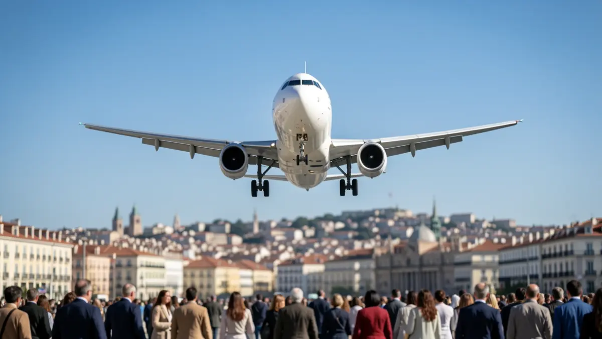 Generic image of an airplane flying over a Spanish city.