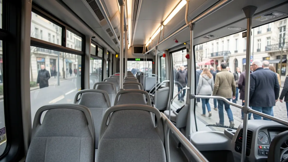 Imagen genérica de un interior de autobús eléctrico moderno con asientos vacíos y ventanas limpias.