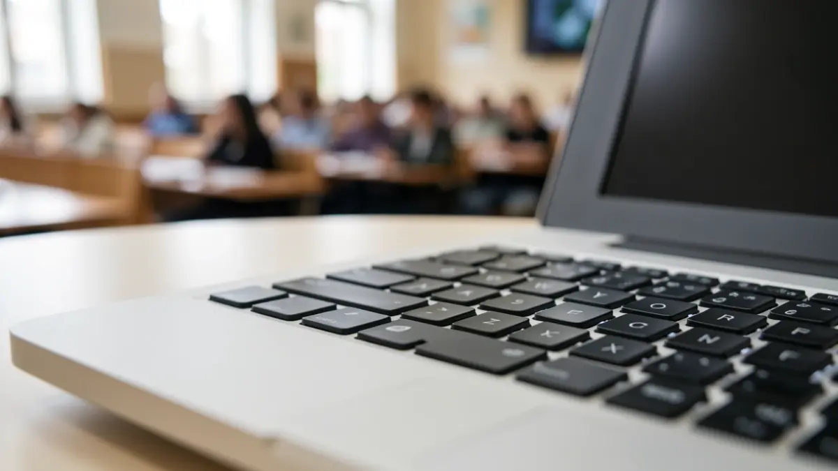 Generic image of a computer keyboard with a blurred university classroom in the background.