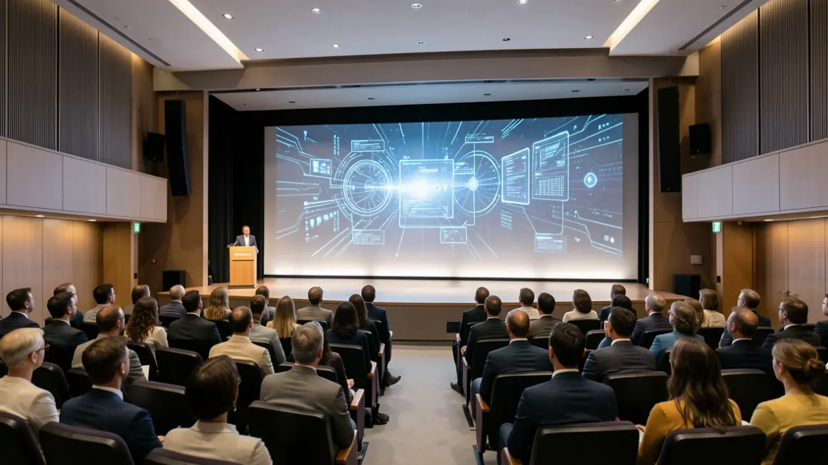 Generic image of an auditorium with augmented reality graphics integrated into the projection.
