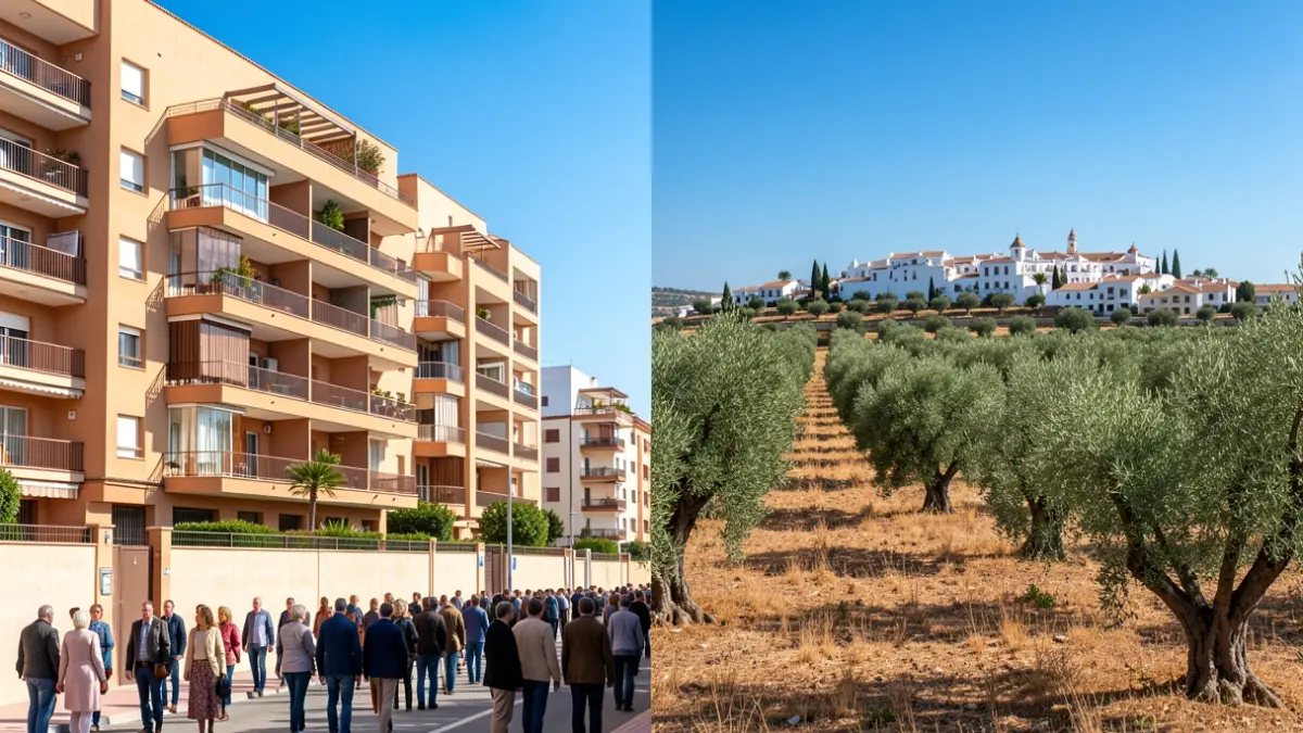 Imagen dividida que muestra un edificio de apartamentos moderno y un paisaje rural andaluz, representando el mercado inmobiliario.