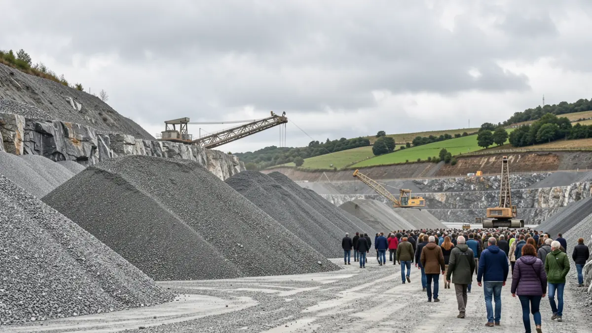 Imagen genérica de una cantera en Galicia con equipamiento industrial y pilas de grava.