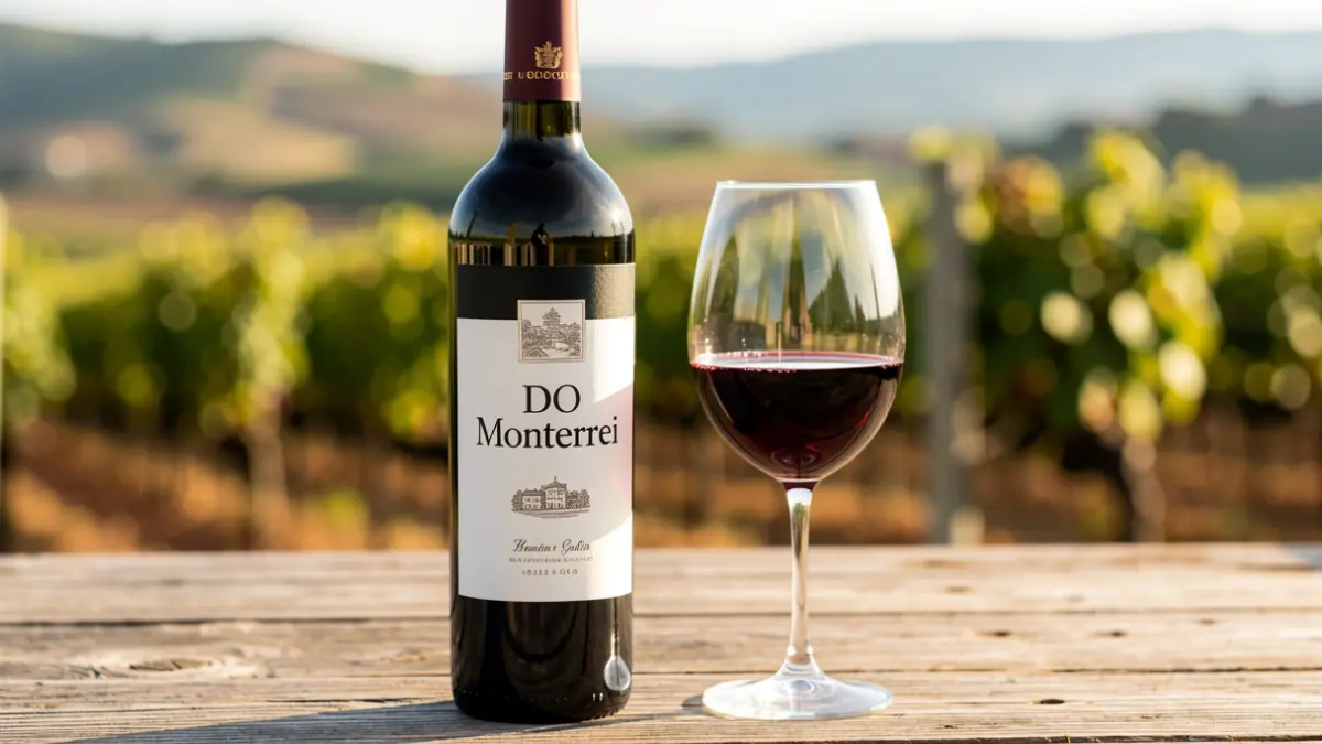 Imaxe dunha botella de viño da DO Monterrei e unha copa de viño tinto sobre unha mesa de madeira rústica.