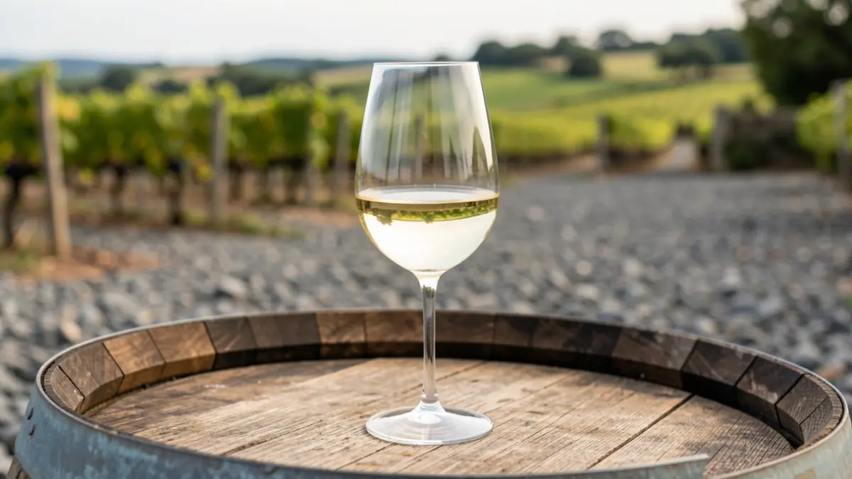 Imaxe dunha copa de viño branco sobre un barril de madeira nun viñedo.