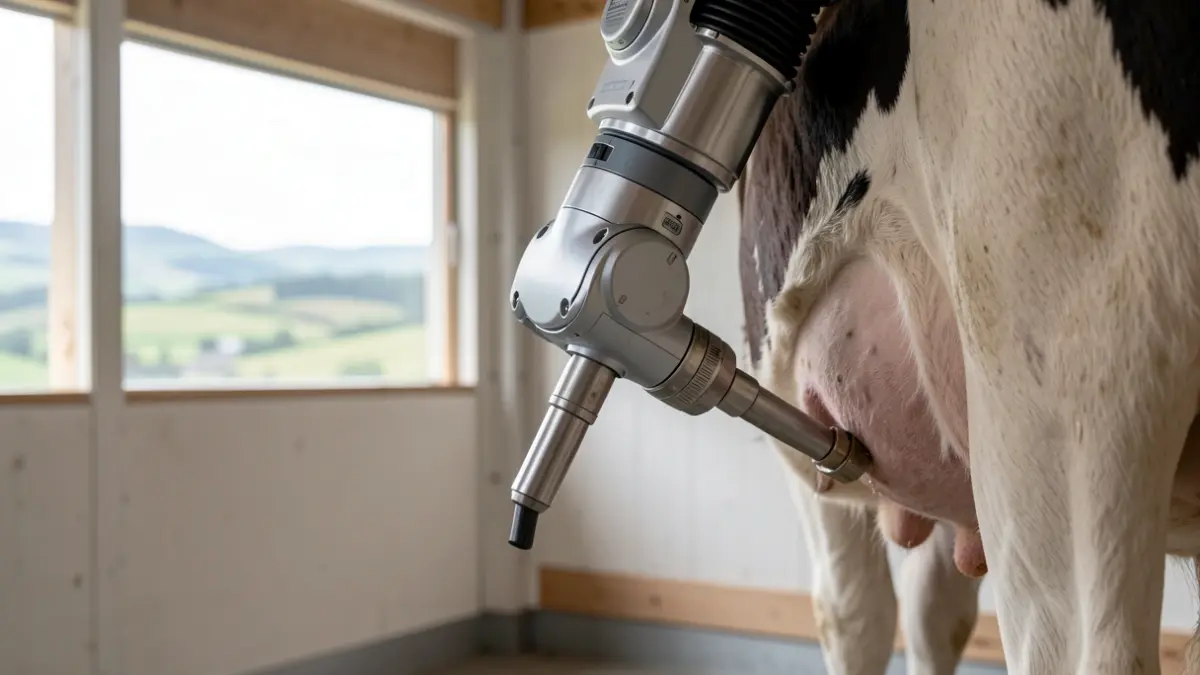 Imagen de un brazo robótico de ordeño recogiendo una muestra de leche de una vaca en una granja moderna.