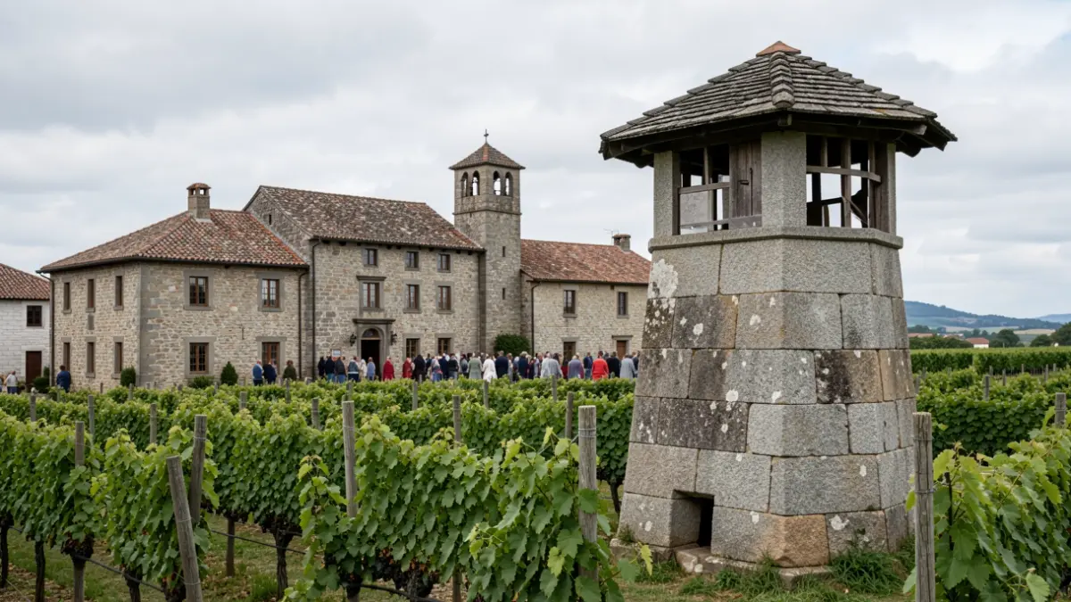 Vista dun pazo tradicional galego con hórreo e viñedos nunha contorna rural.