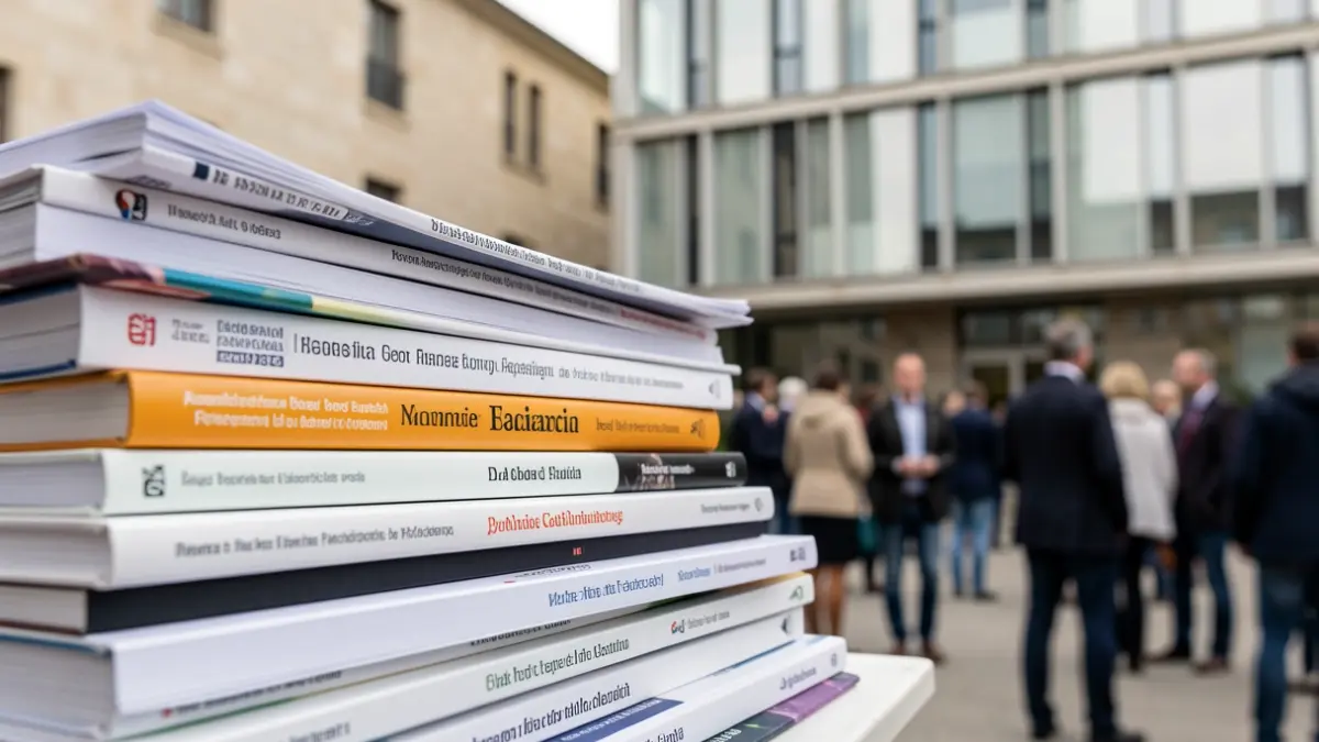 Imaxe xenérica de documentos de investigación e edificios universitarios.