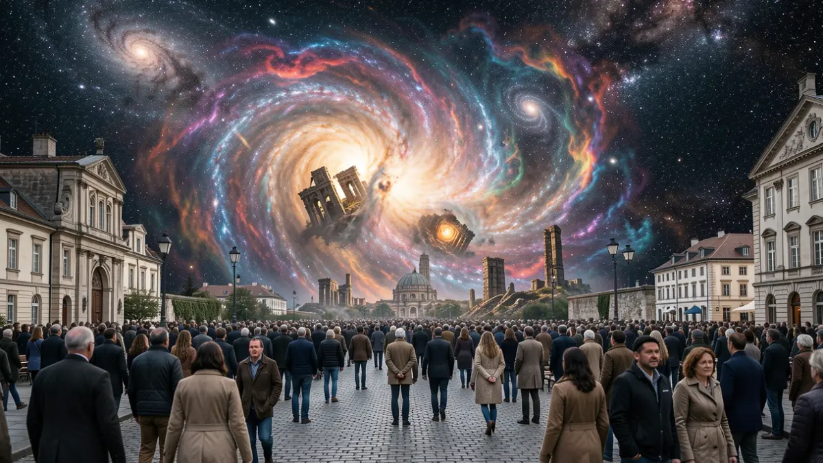 Imagen genérica de fusión galáctica con nebulosas y estructuras antiguas.