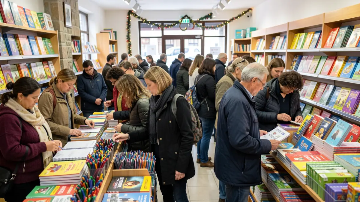 Imaxe xenérica de xente comprando material escolar nunha tenda galega con ambiente festivo.