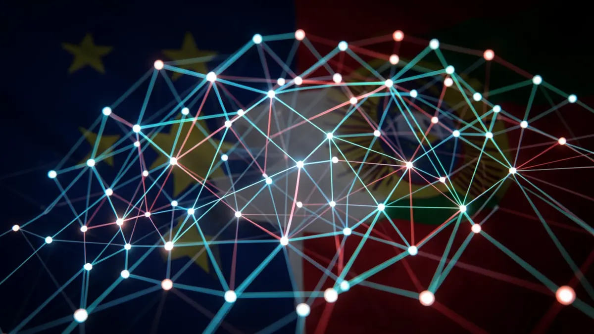Imagen genérica de aceleración digital y colaboración internacional con nodos y redes.