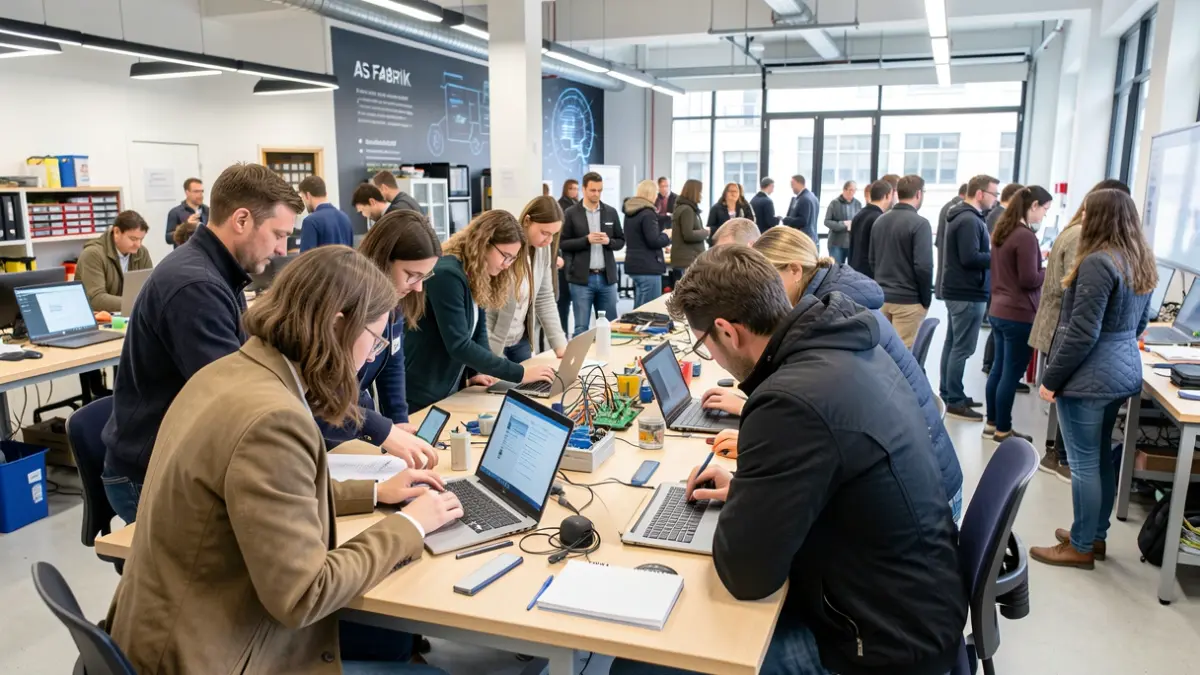 Imagen genérica: Un taller moderno en Bilbao AS Fabrik, con diversos participantes involucrados en una sesión sobre herramientas educativas e inteligencia artificial.