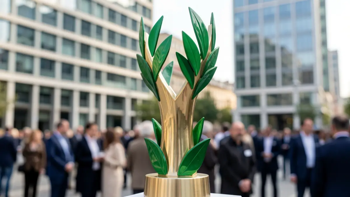 Trofeo del Premio de Medio Ambiente de la Comunidad de Madrid con edificios de oficinas de Madrid al fondo.