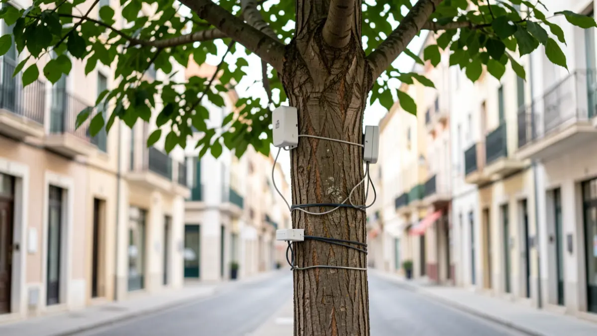 Imagen genérica de un árbol urbano con sensores.