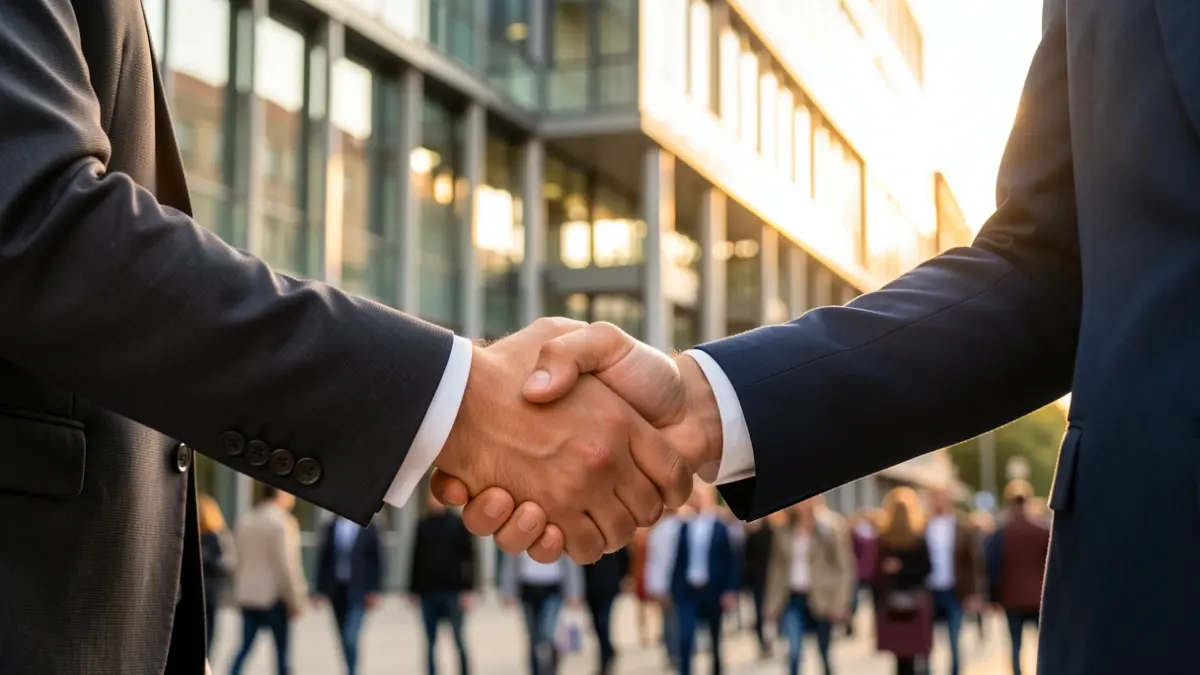Generic image of two people shaking hands in an office setting.