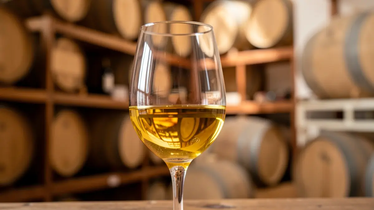 Glass of Manzanilla from Sanlúcar with bodega shelves in the background.