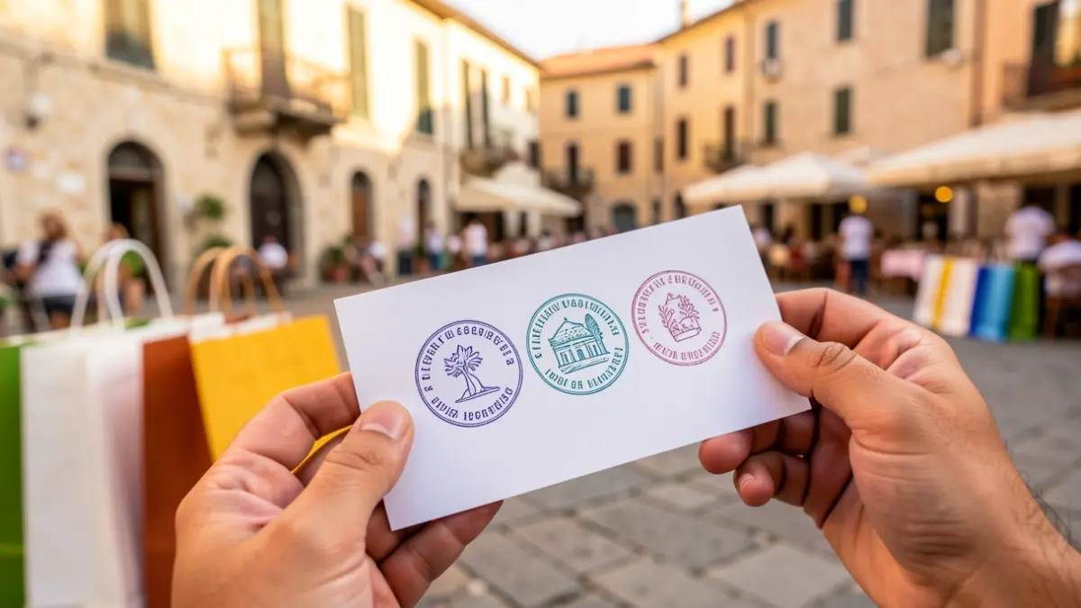 Generic image of a participation card with stamps, with shopping bags and a town square in the background.